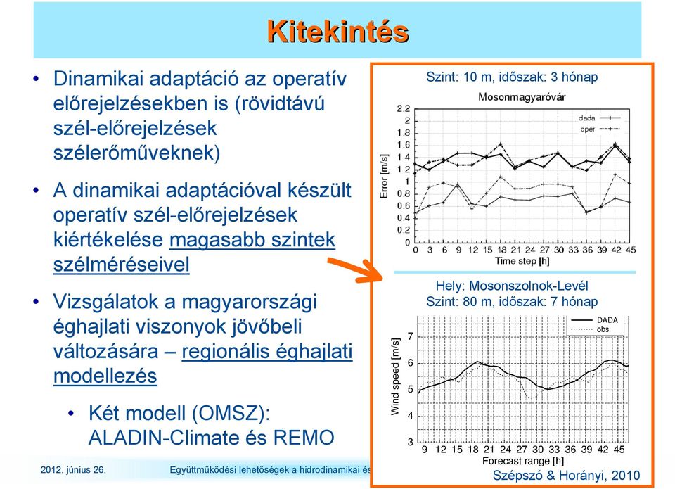 változására regionális éghajlati modellezés Két modell (OMSZ): ALADIN-Climate és REMO Szint: 10 m, idıszak: 3 hónap Hely: Mosonszolnok-Levél