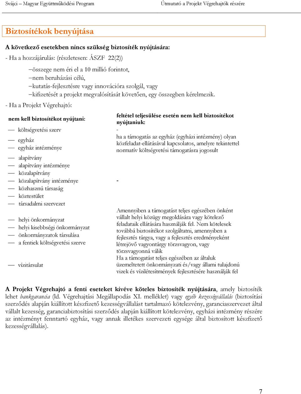 - Ha a Projekt Végrehajtó: nem kell biztosítékot nyújtani: költségvetési szerv - egyház egyház intézménye alapítvány alapítvány intézménye közalapítvány közalapítvány intézménye közhasznú társaság