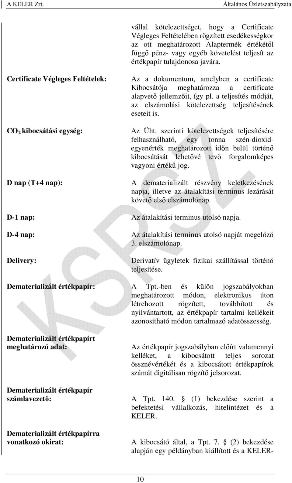 Certificate Végleges Feltételek: CO 2 kibocsátási egység: D nap (T+4 nap): Az a dokumentum, amelyben a certificate Kibocsátója meghatározza a certificate alapvető jellemzőit, így pl.