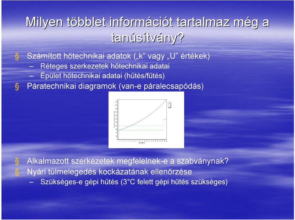 hőtechnikai adatai (hűtés/fűtés) Páratechnikai diagramok (van-e páralecsapódás) Alkalmazott