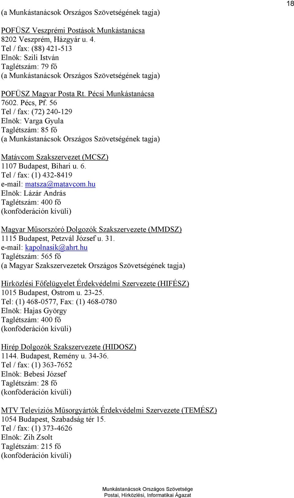 56 Tel / fax: (72) 240-129 Elnök: Varga Gyula Taglétszám: 85 fő (a Munkástanácsok Országos Szövetségének tagja) Matávcom Szakszervezet (MCSZ) 1107 Budapest, Bihari u. 6.