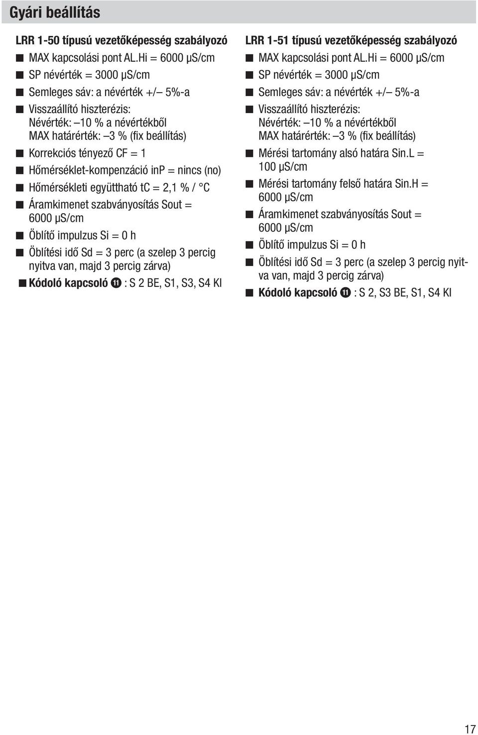 n Hőmérséklet-kompenzáció inp = nincs (no) n Hőmérsékleti együttható tc = 2,1 % / C n Áramkimenet szabványosítás Sout = 6000 μs/cm n Öblítő impulzus Si = 0 h n Öblítési idő Sd = 3 perc (a szelep 3