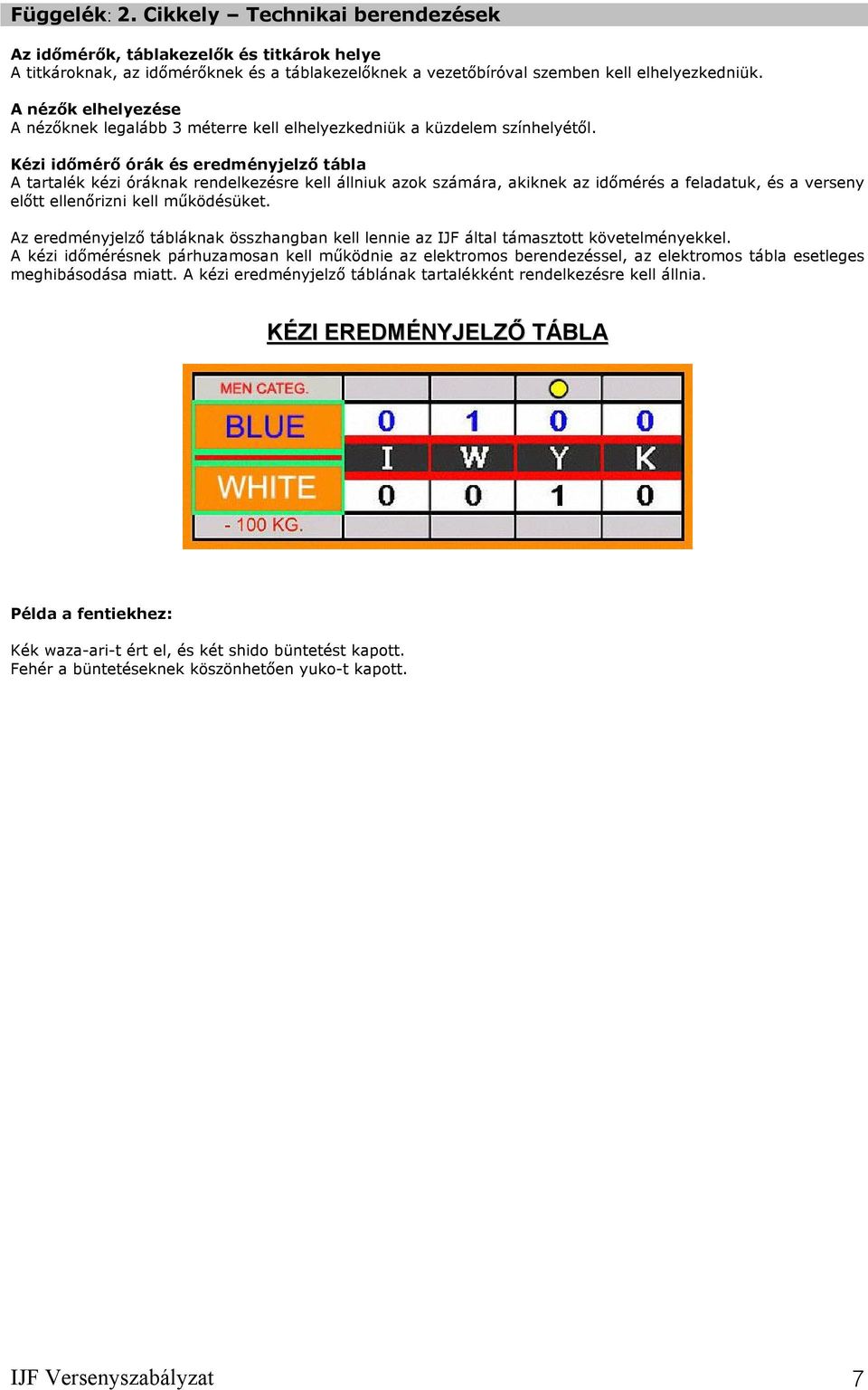 Kézi időmérő órák és eredményjelző tábla A tartalék kézi óráknak rendelkezésre kell állniuk azok számára, akiknek az időmérés a feladatuk, és a verseny előtt ellenőrizni kell működésüket.