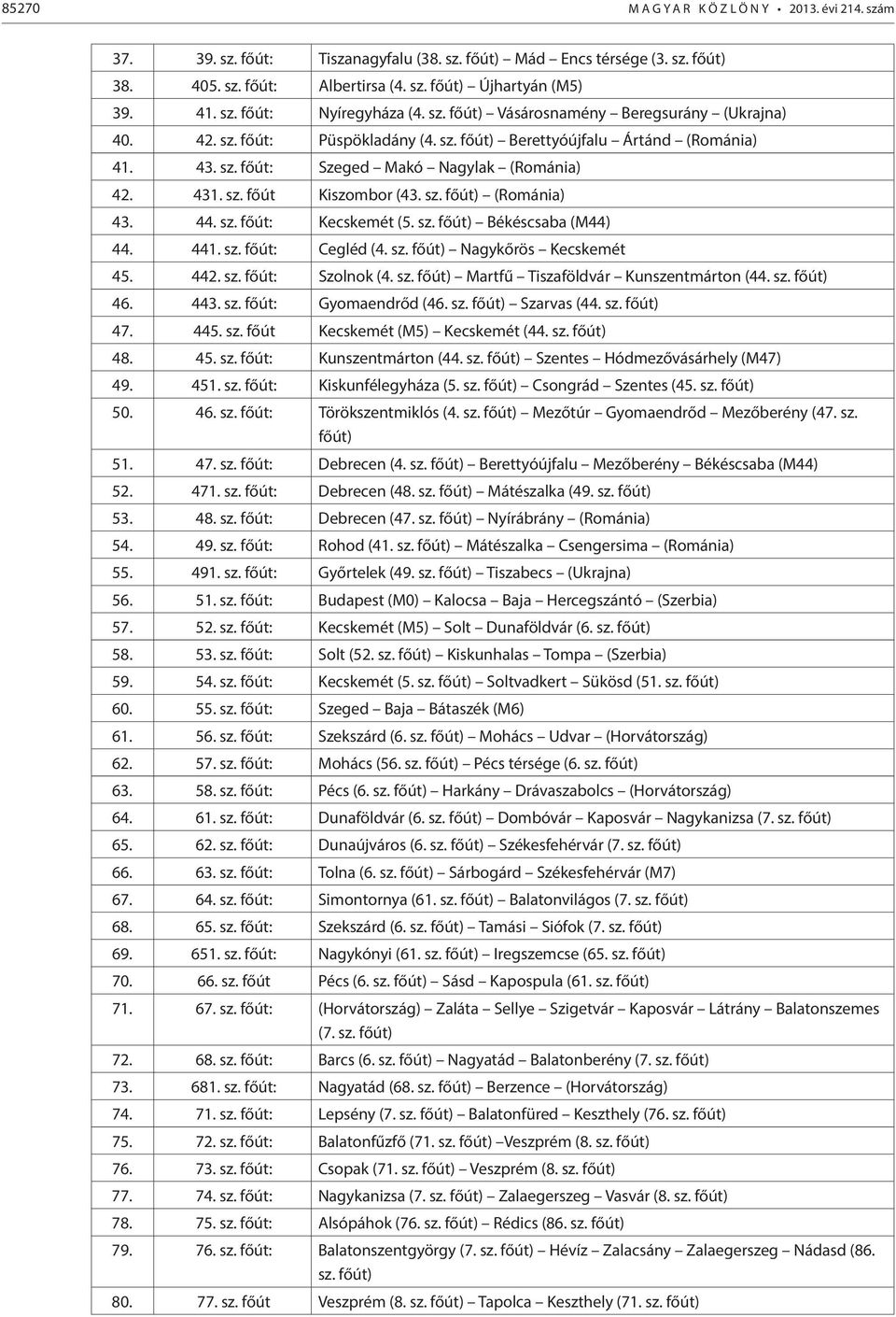 sz. főút) (Románia) 43. 44. sz. főút: Kecskemét (5. sz. főút) Békéscsaba (M44) 44. 441. sz. főút: Cegléd (4. sz. főút) Nagykőrös Kecskemét 45. 442. sz. főút: Szolnok (4. sz. főút) Martfű Tiszaföldvár Kunszentmárton (44.