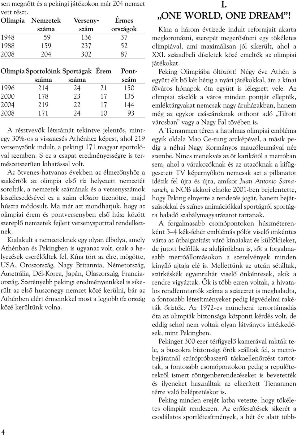 219 22 17 144 2008 171 24 10 93 A résztvevők létszámát tekintve jelentős, mintegy 30%-os a visszaesés Athénhez képest, ahol 219 versenyzőnk indult, a pekingi 171 magyar sportolóval szemben.