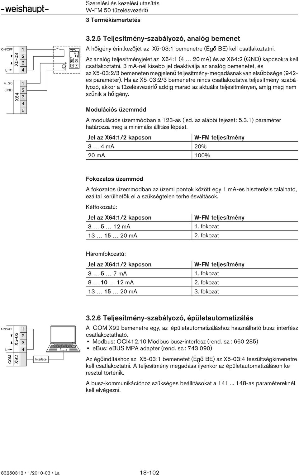 Az analóg teljesítményjelet az X64:1 (4 20 ma) és az X64:2 (GND) kapcsokra kell csatlakoztatn.