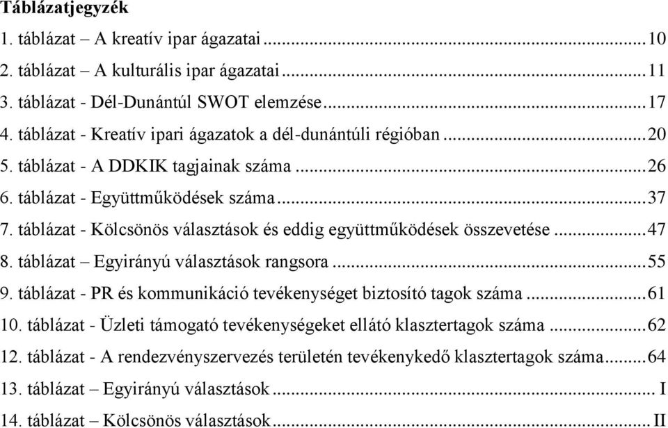 táblázat - Kölcsönös választások és eddig együttműködések összevetése... 47 8. táblázat Egyirányú választások rangsora... 55 9.