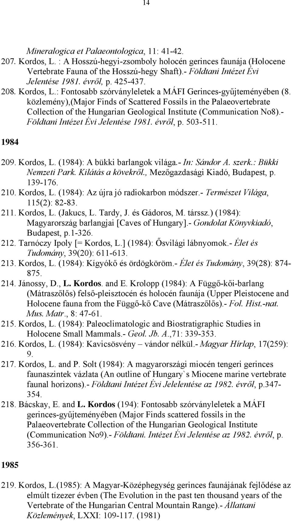 közlemény),(major Finds of Scattered Fossils in the Palaeovertebrate Collection of the Hungarian Geological Institute (Communication No8).- Földtani Intézet Évi Jelentése 1981. évről, p. 503-511.