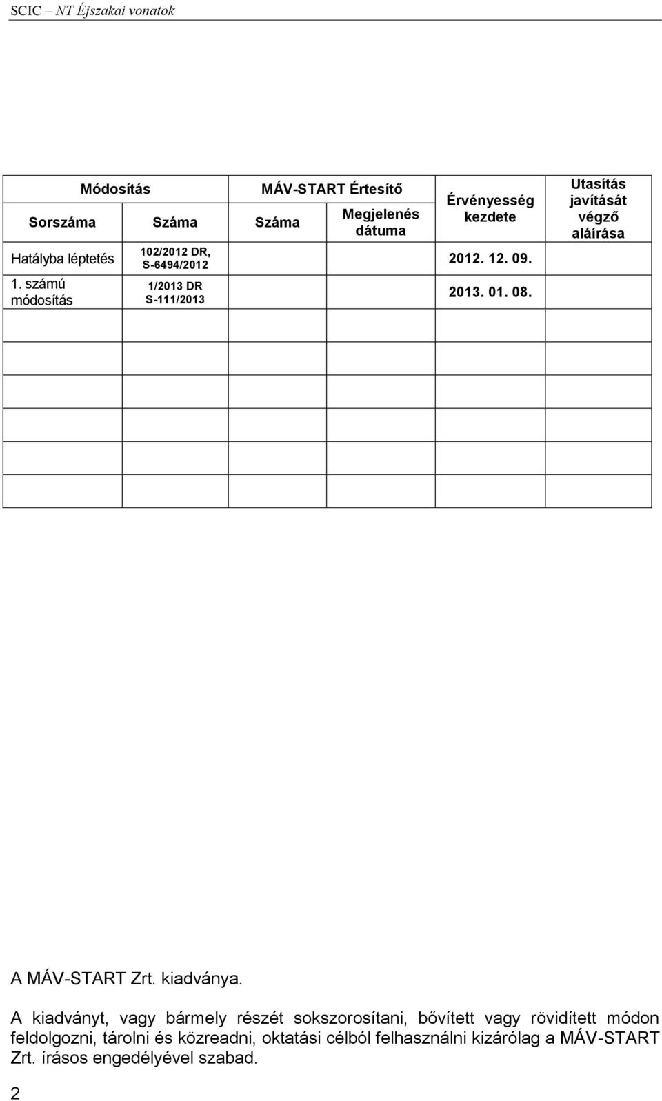 1/2013 DR S-111/2013 2013. 01. 08. Utasítás javítását végző aláírása A MÁV-START Zrt. kiadványa.