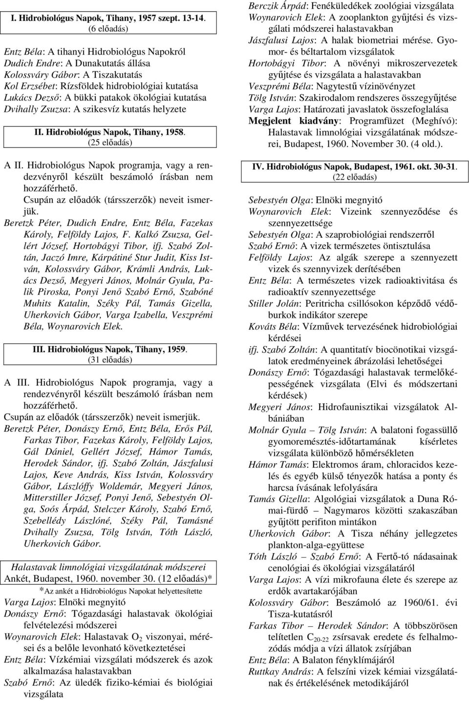 patakok ökológiai kutatása Dvihally Zsuzsa: A szikesvíz kutatás helyzete II. Hidrobiológus Napok, Tihany, 1958. (25 elıadás) A II.