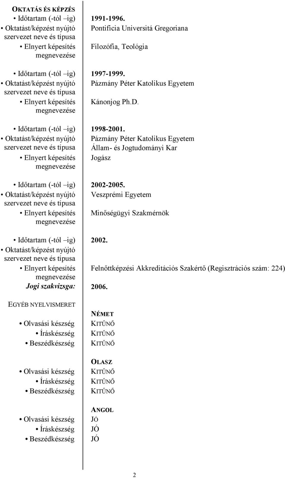 Oktatást/képzést nyújtó Pázmány Péter Katolikus Egyetem szervezet neve és típusa Állam- és Jogtudományi Kar Elnyert képesítés Jogász Időtartam (-tól ig) 2002-2005.