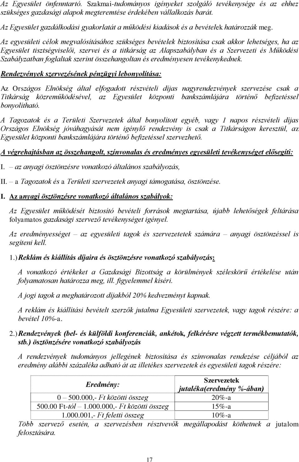 Az egyesületi célok megvalósításához szükséges bevételek biztosítása csak akkor lehetséges, ha az Egyesület tisztségviselői, szervei és a titkárság az Alapszabályban és a Szervezeti és Működési