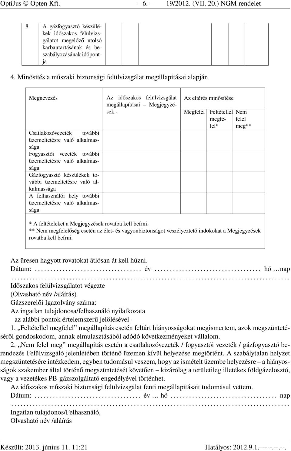 Fogyasztói vezeték további üzemeltetésre való alkalmassága Gázfogyasztó készülékek további üzemeltetésre való alkalmassága A felhasználói hely további üzemeltetésre való alkalmassága megfelel* felel