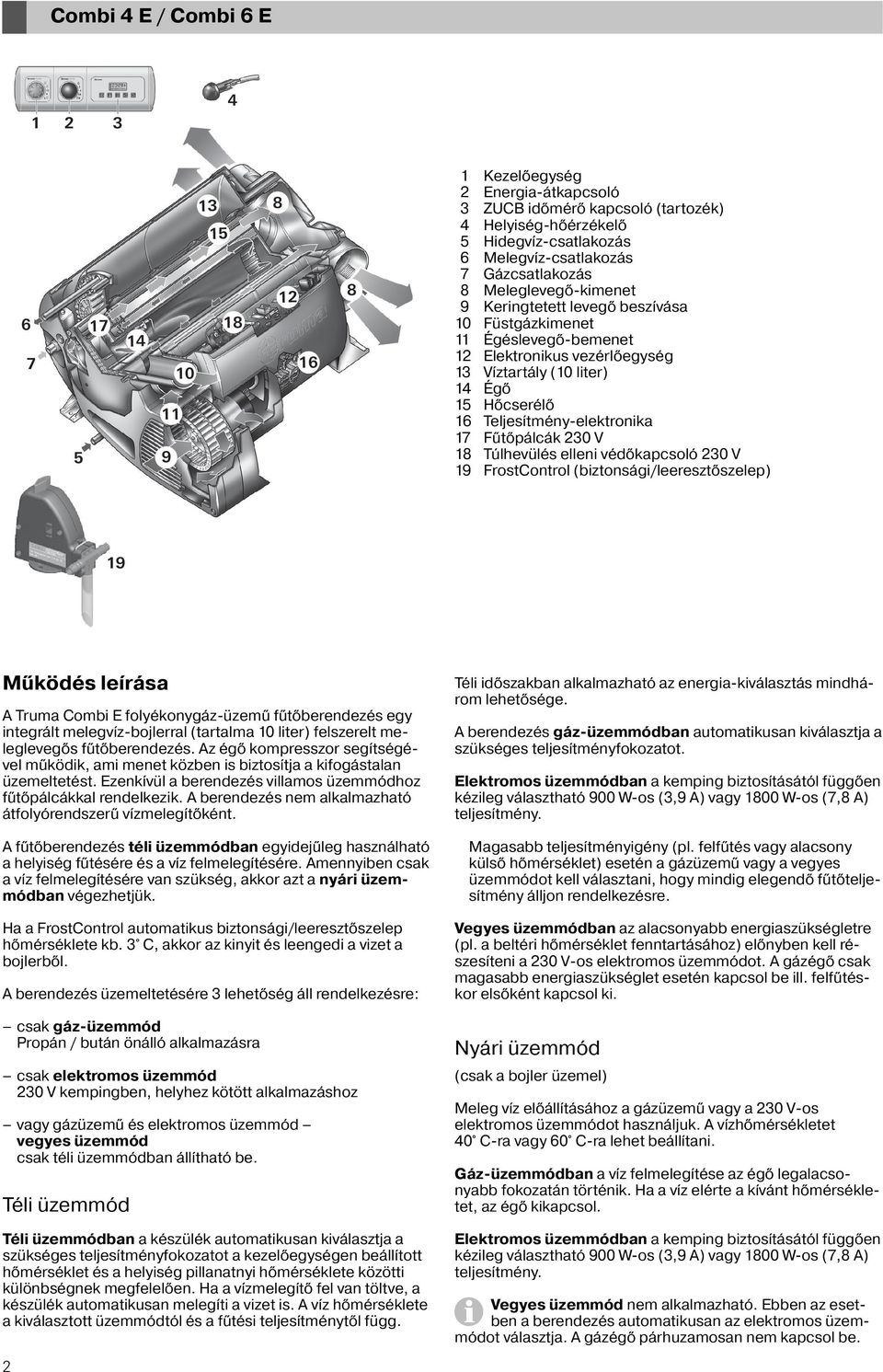 Hőcserélő 16 Teljesítmény-elektronika 17 Fűtőpálcák 230 V 18 Túlhevülés elleni védőkapcsoló 230 V 19 FrostControl (biztonsági/leeresztőszelep) 19 Működés leírása A Truma Combi E folyékonygáz-üzemű