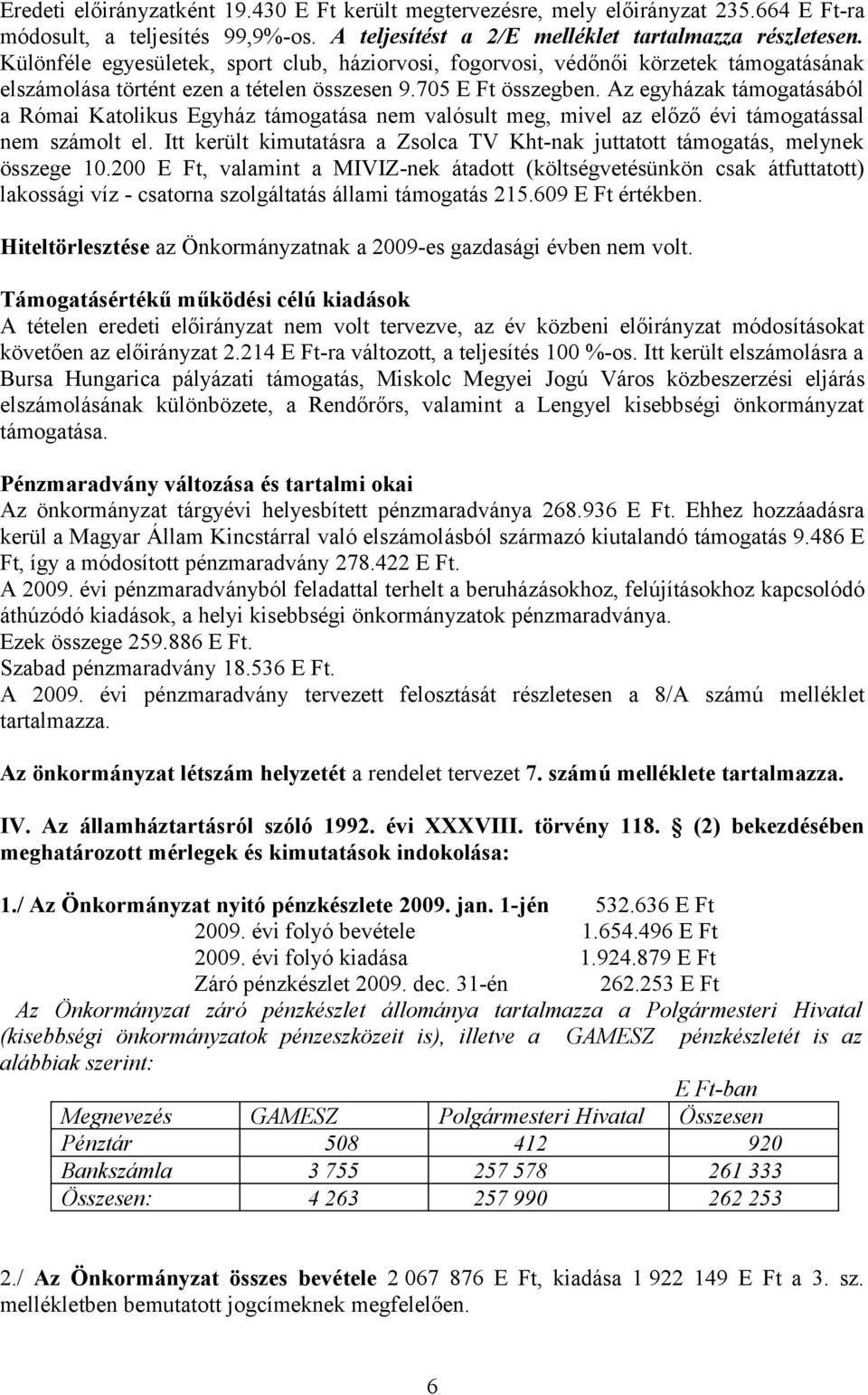 Az egyházak támogatásából a Római Katolikus Egyház támogatása nem valósult meg, mivel az előző évi támogatással nem számolt el.