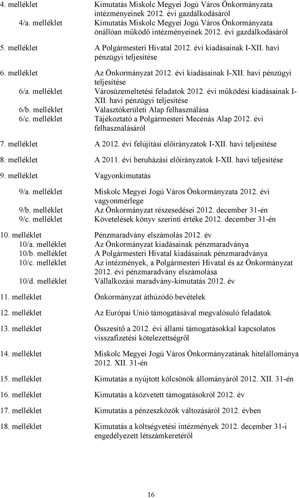 havi pénzügyi teljesítése 6. melléklet Az Önkormányzat 2012. évi kiadásainak I-XII. havi pénzügyi teljesítése 6/a. melléklet Városüzemeltetési feladatok 2012. évi működési kiadásainak I- XII.