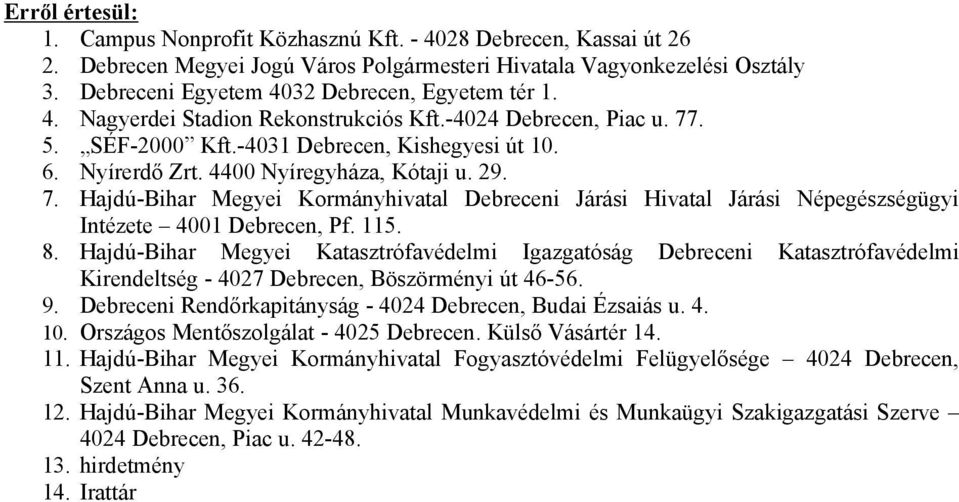 4400 Nyíregyháza, Kótaji u. 29. 7. Hajdú-Bihar Megyei Kormányhivatal Debreceni Járási Hivatal Járási Népegészségügyi Intézete 4001 Debrecen, Pf. 115. 8.