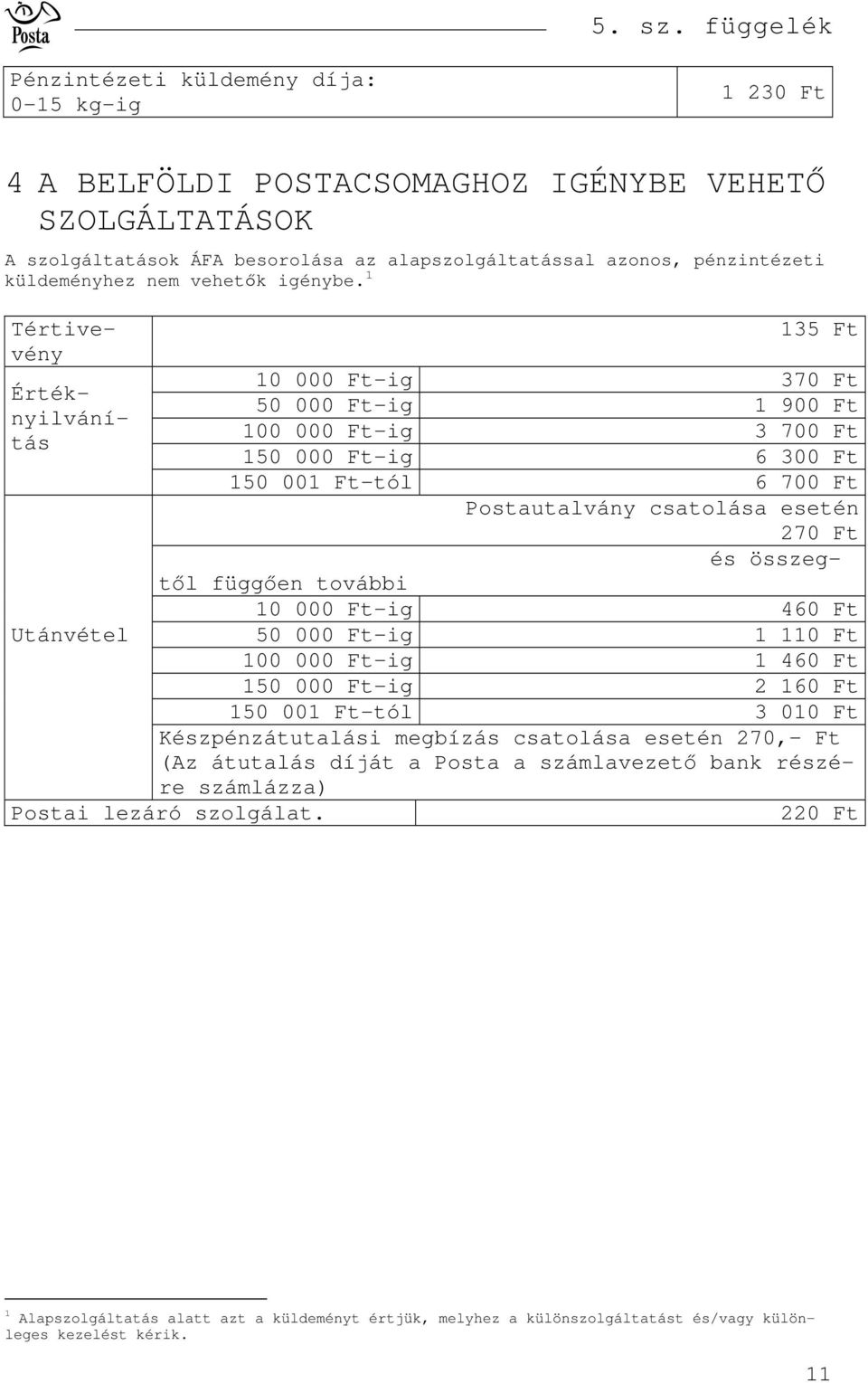 1 Tértivevény Értéknyilvánítás Utánvétel 135 10 000 -ig 370 50 000 -ig 1 900 100 000 -ig 3 700 150 000 -ig 6 300 150 001 -tól 6 700 Postautalvány csatolása esetén 270 és összegtl függen