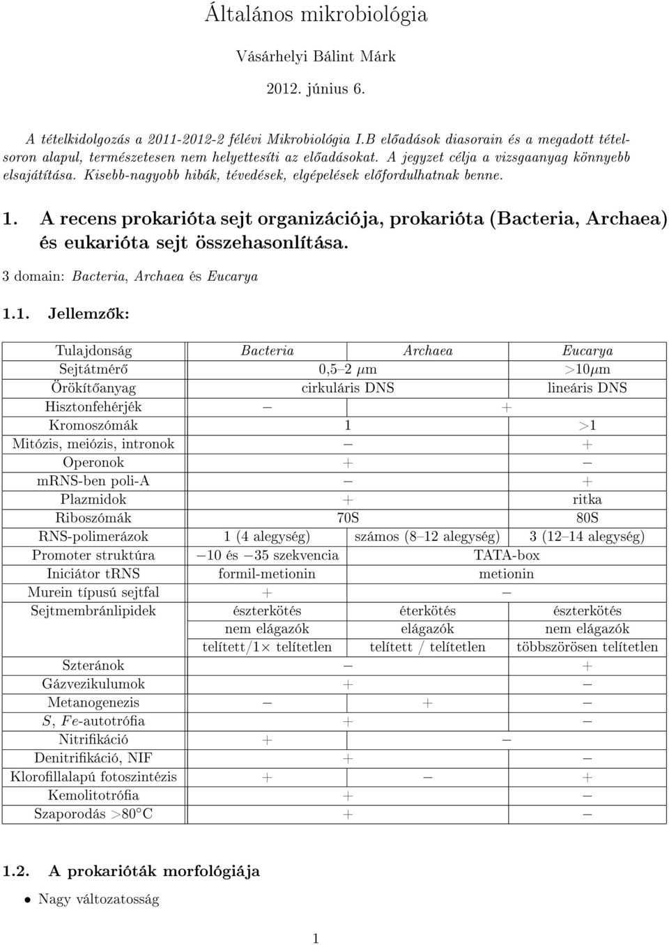 Kisebb-nagyobb hibák, tévedések, elgépelések el fordulhatnak benne. 1. A recens prokarióta sejt organizációja, prokarióta (Bacteria, Archaea) és eukarióta sejt összehasonlítása.