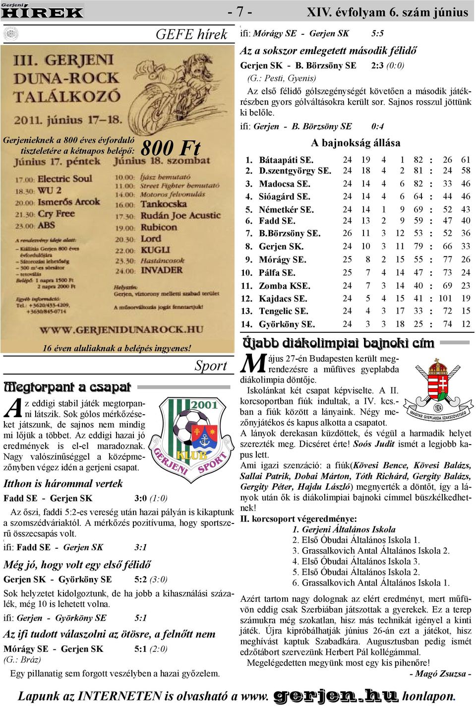 Itthon is hárommal vertek Fadd SE - Gerjen SK 3:0 (1:0) GEFE hírek Gerjenieknek a 800 éves évforduló tiszteletére a kétnapos belépı: 800 Ft 16 éven aluliaknak a belépés ingyenes!