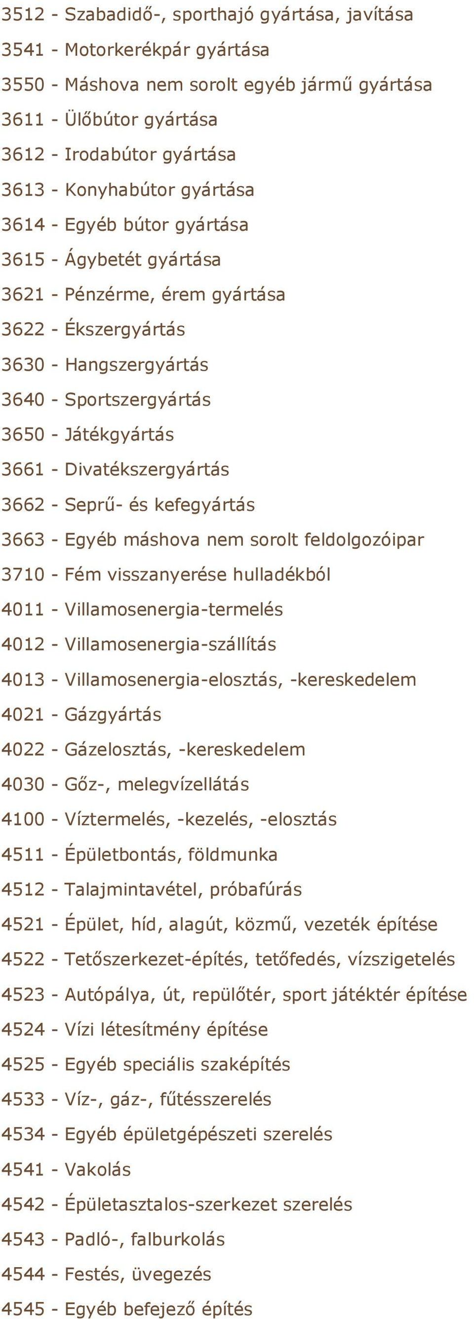 Divatékszergyártás 3662 - Seprű- és kefegyártás 3663 - Egyéb máshova nem sorolt feldolgozóipar 3710 - Fém visszanyerése hulladékból 4011 - Villamosenergia-termelés 4012 - Villamosenergia-szállítás