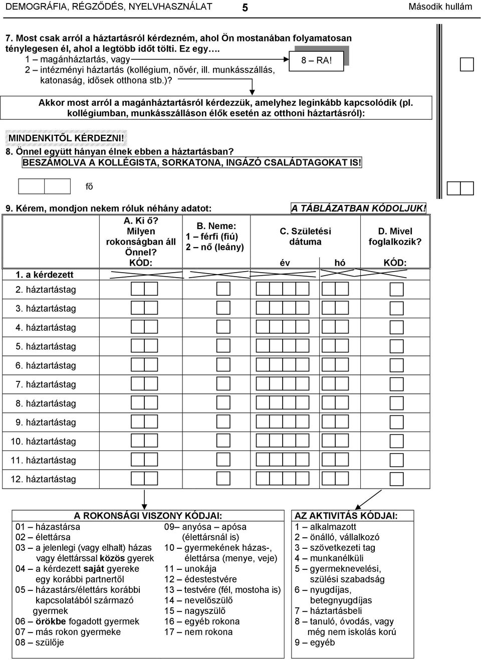 kollégiumban, munkásszálláson élők esetén az otthoni háztartásról): MINDENKITŐL KÉRDEZNI! 8. Önnel együtt hányan élnek ebben a háztartásban?