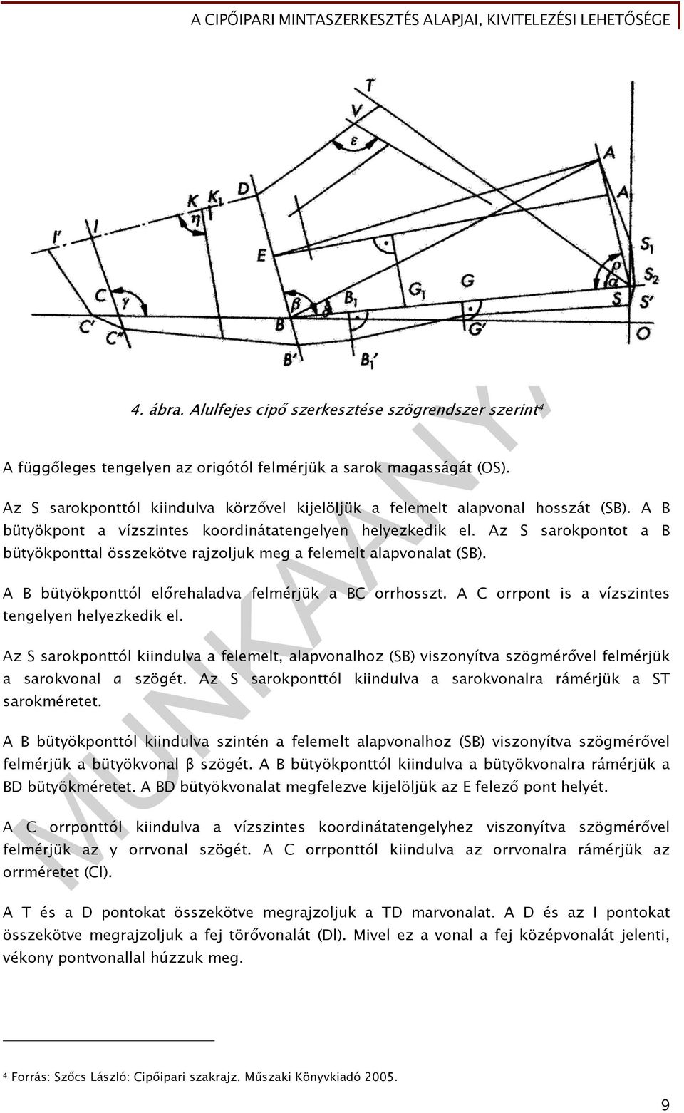 Az S sarokpontot a B bütyökponttal összekötve rajzoljuk meg a felemelt alapvonalat (SB). A B bütyökponttól előrehaladva felmérjük a BC orrhosszt. A C orrpont is a vízszintes tengelyen helyezkedik el.