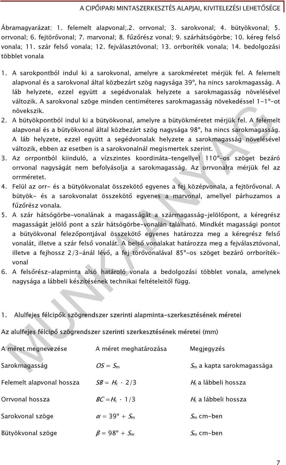 A felemelt alapvonal és a sarokvonal által közbezárt szög nagysága 39º, ha nincs sarokmagasság. A láb helyzete, ezzel együtt a segédvonalak helyzete a sarokmagasság növelésével változik.