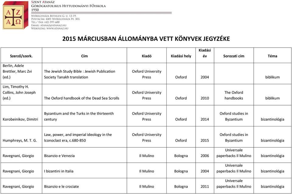 ) The Oxford handbook of the Dead Sea Scrolls Press Oxford 2010 The Oxford handbooks biblikum Korobeinikov, Dimitri Byzantium and the Turks in the thirteenth century Press Oxford 2014 Oxford studies