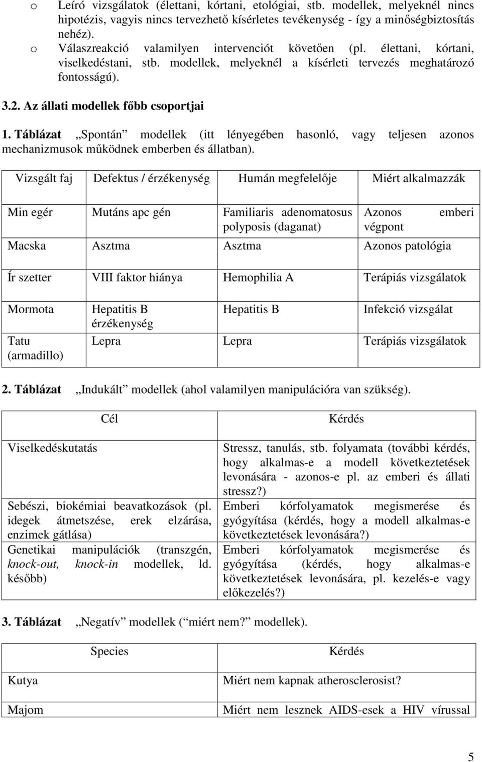 Az állati modellek főbb csoportjai 1. Táblázat Spontán modellek (itt lényegében hasonló, vagy teljesen azonos mechanizmusok működnek emberben és állatban).