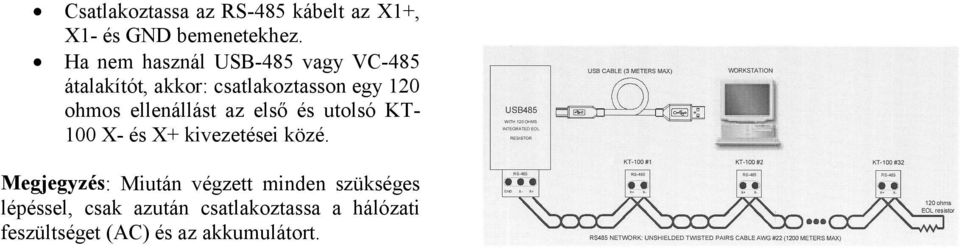 ellenállást az első és utolsó KT- 100 X- és X+ kivezetései közé.