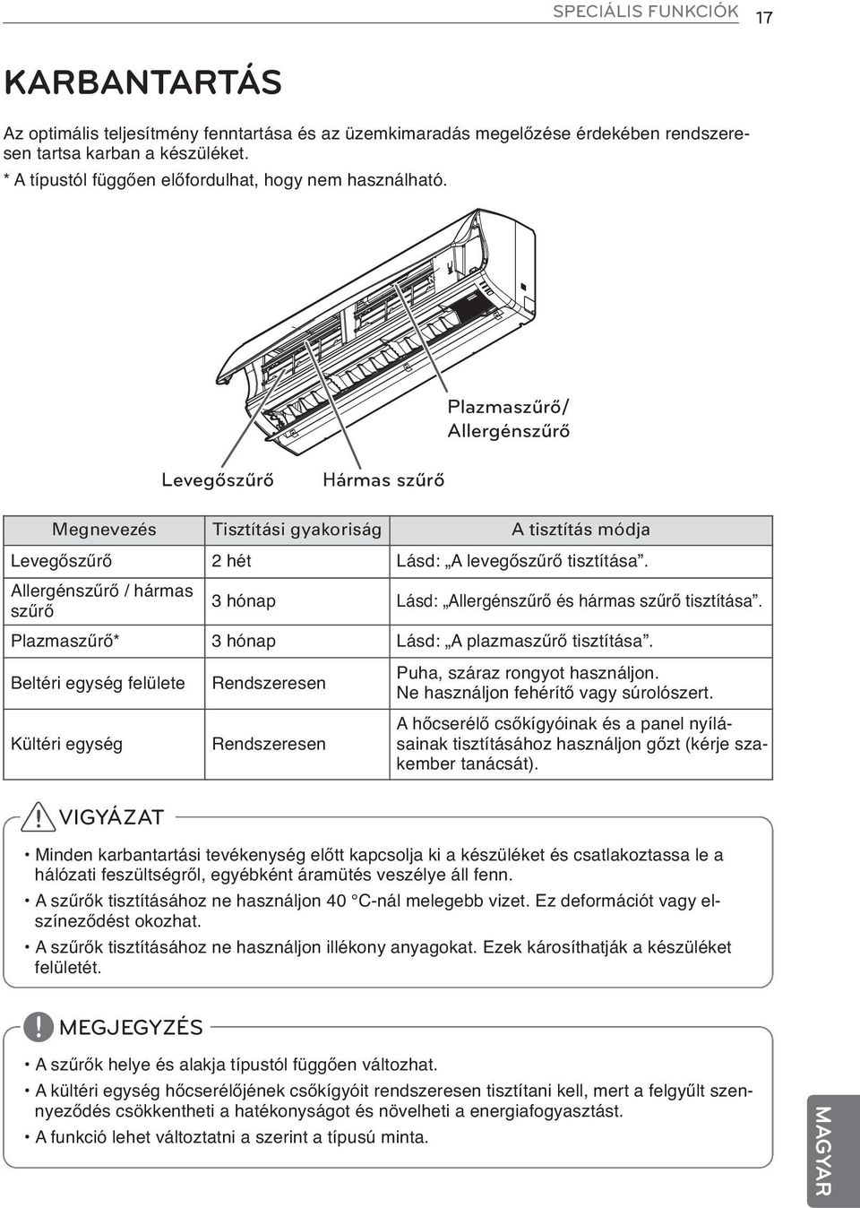 Plazmaszűrő/ Allergénszűrő Levegőszűrő Hármas szűrő Megnevezés Tisztítási gyakoriság A tisztítás módja Levegőszűrő 2 hét Lásd: A levegőszűrő tisztítása.