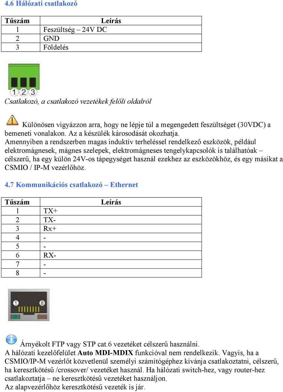 Amennyiben a rendszerben magas induktív terheléssel rendelkezı eszközök, például elektromágnesek, mágnes szelepek, elektromágneses tengelykapcsolók is találhatóak célszerő, ha egy külön 24V-os