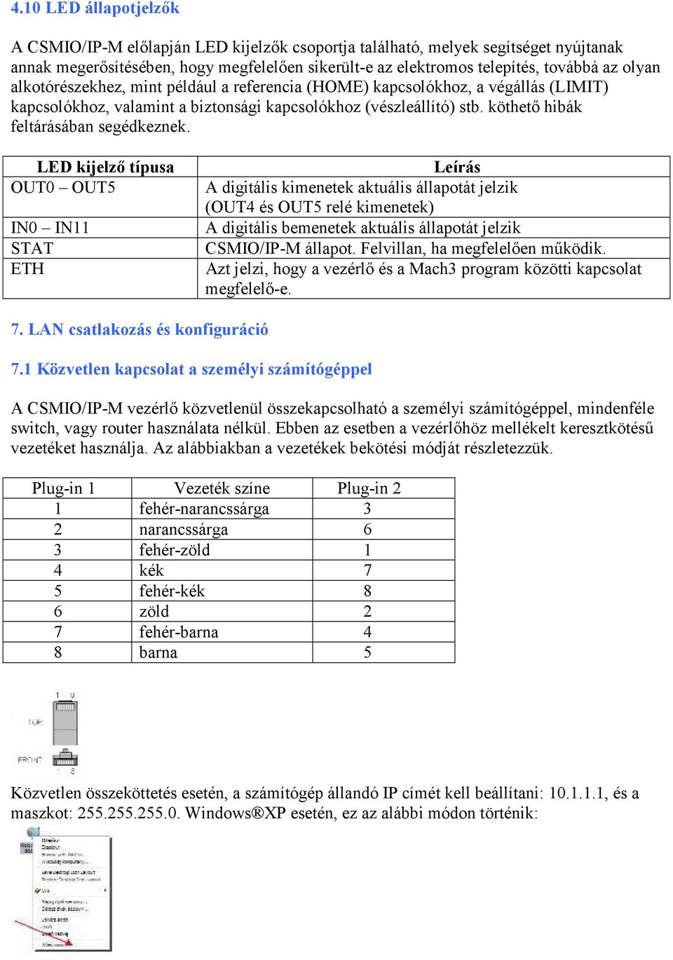 LED kijelzı típusa OUT0 OUT5 IN0 IN11 STAT ETH Leírás A digitális kimenetek aktuális állapotát jelzik (OUT4 és OUT5 relé kimenetek) A digitális bemenetek aktuális állapotát jelzik CSMIO/IP-M állapot.