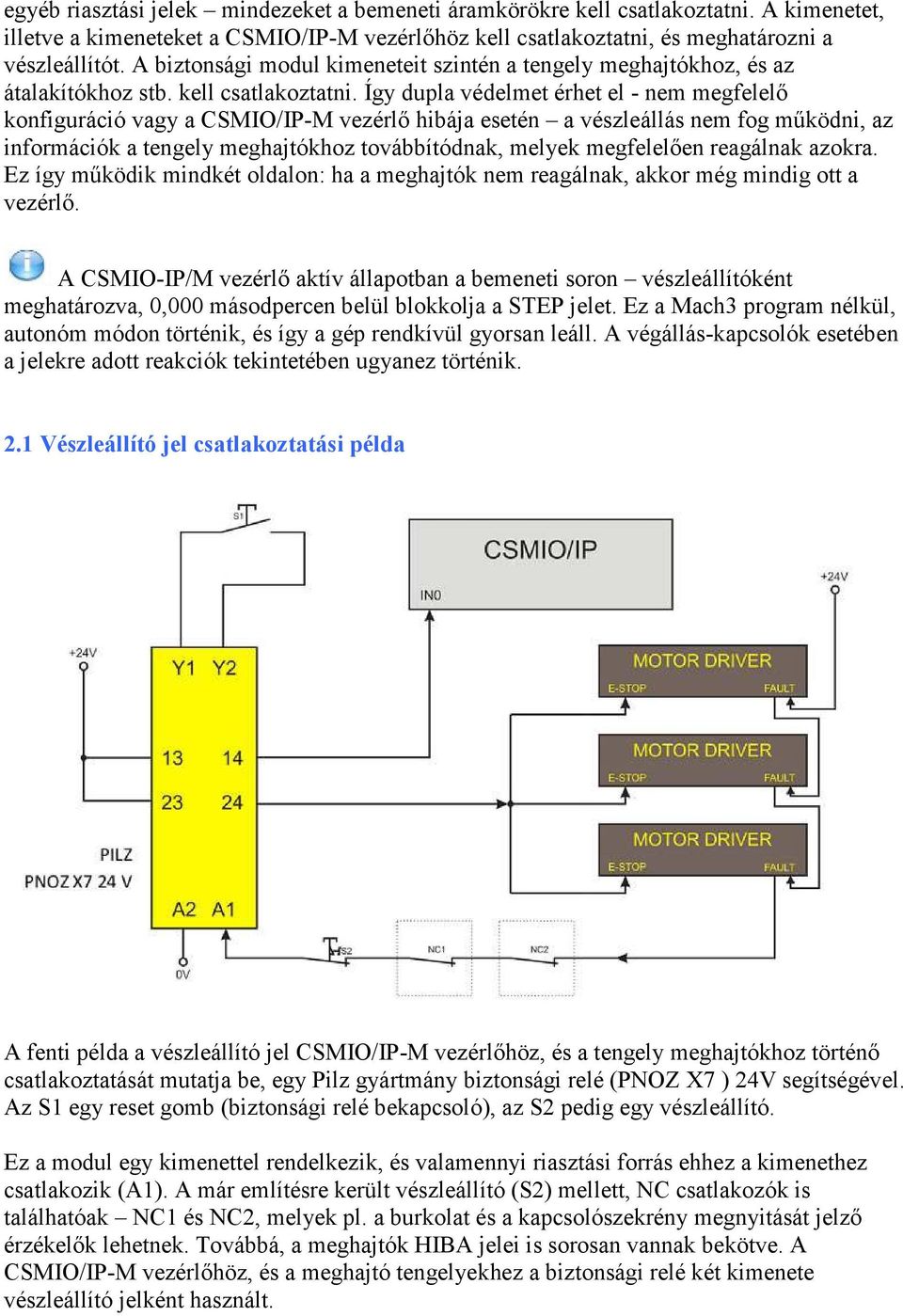 Így dupla védelmet érhet el - nem megfelelı konfiguráció vagy a CSMIO/IP-M vezérlı hibája esetén a vészleállás nem fog mőködni, az információk a tengely meghajtókhoz továbbítódnak, melyek megfelelıen