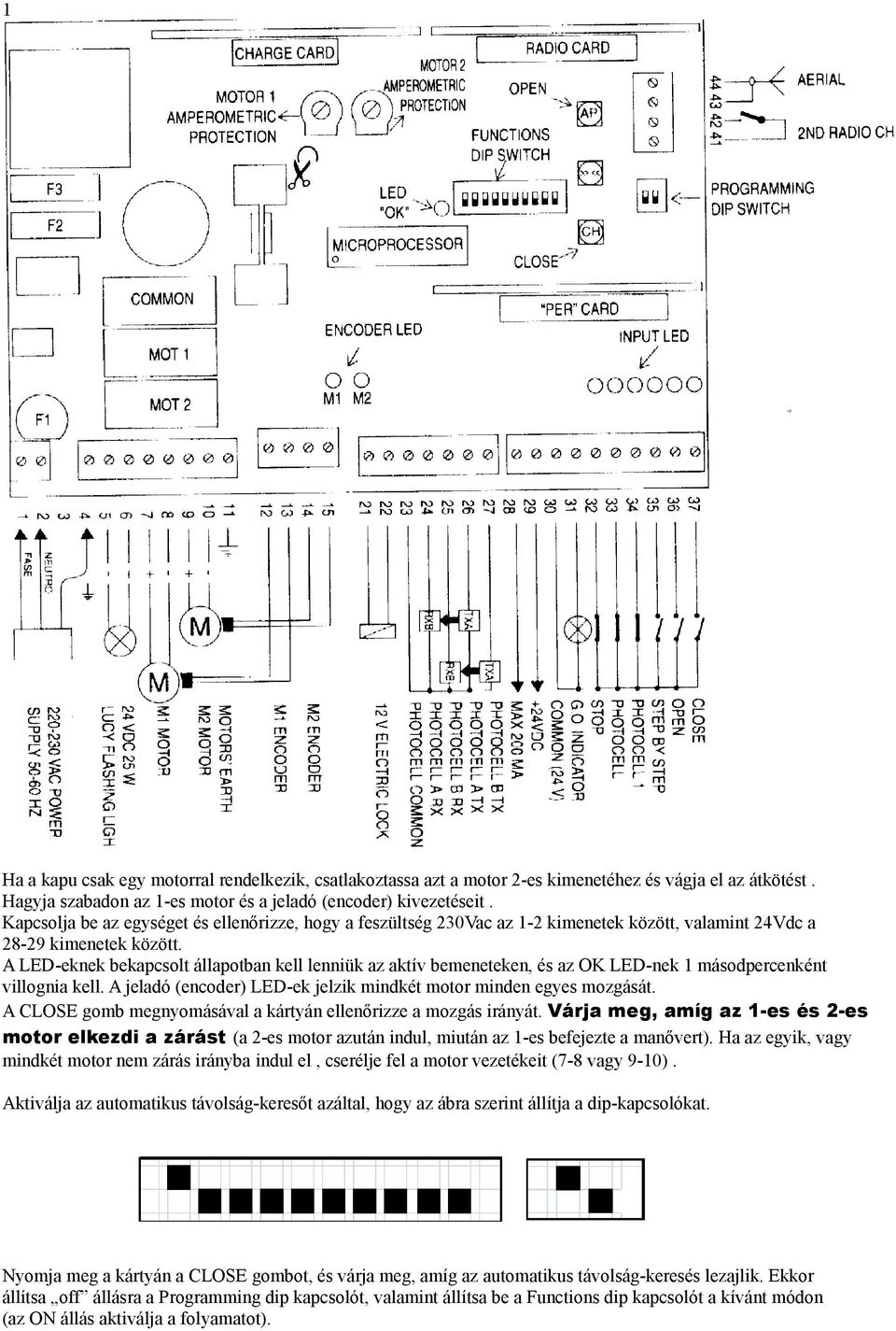 A LED-eknek bekapcsolt állapotban kell lenniük az aktív bemeneteken, és az OK LED-nek 1 másodpercenként villognia kell. A jeladó (encoder) LED-ek jelzik mindkét motor minden egyes mozgását.