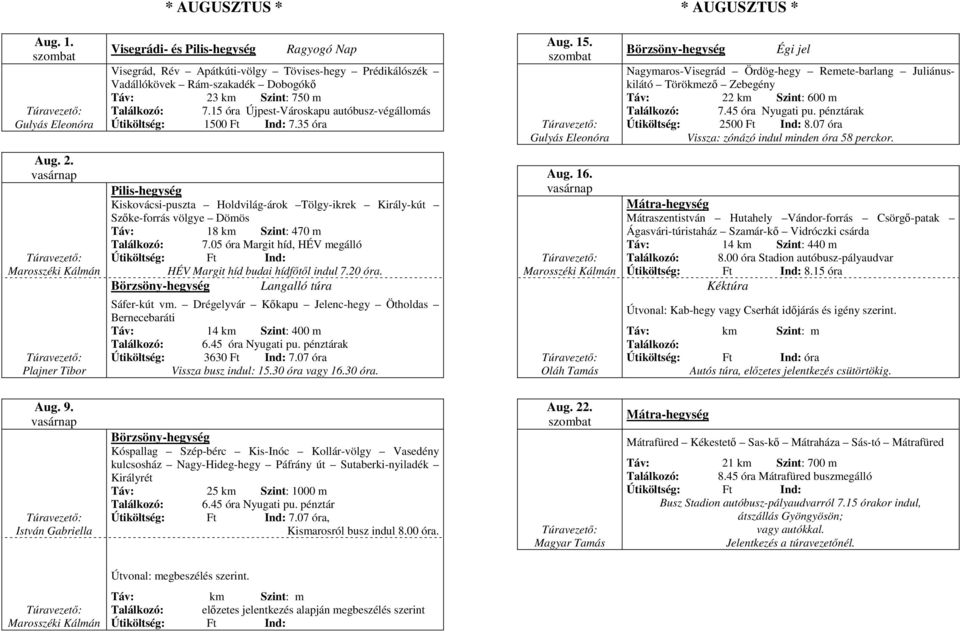 45 óra Nyugati pu. pénztárak Útiköltség: 2500 Ft Ind: 8.07 óra Vissza: zónázó indul minden óra 58 perckor. Aug. 2. Plajner Tibor Pilis-hegység Kiskovácsi-puszta Holdvilág-árok Tölgy-ikrek Király-kút Szőke-forrás völgye Dömös Táv: 18 km Szint: 470 m 7.