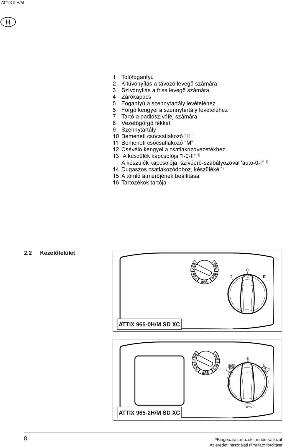 csőcsatlakozó "M" 12 Csévélő kengyel a csatlakozóvezetékhez 13 A készülék kapcsolója "I-0-II" A készülék kapcsolója, szívóerő-szabályozóval 'auto-0-i"