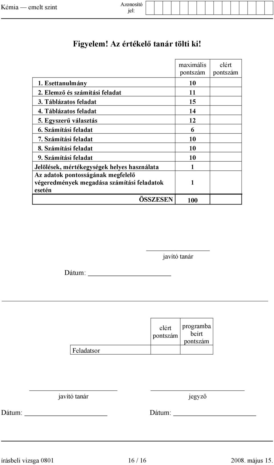 Számítási feladat 10 Jelölések, mértékegységek helyes használata 1 Az adatok pontosságának megfelelő végeredmények megadása számítási feladatok 1