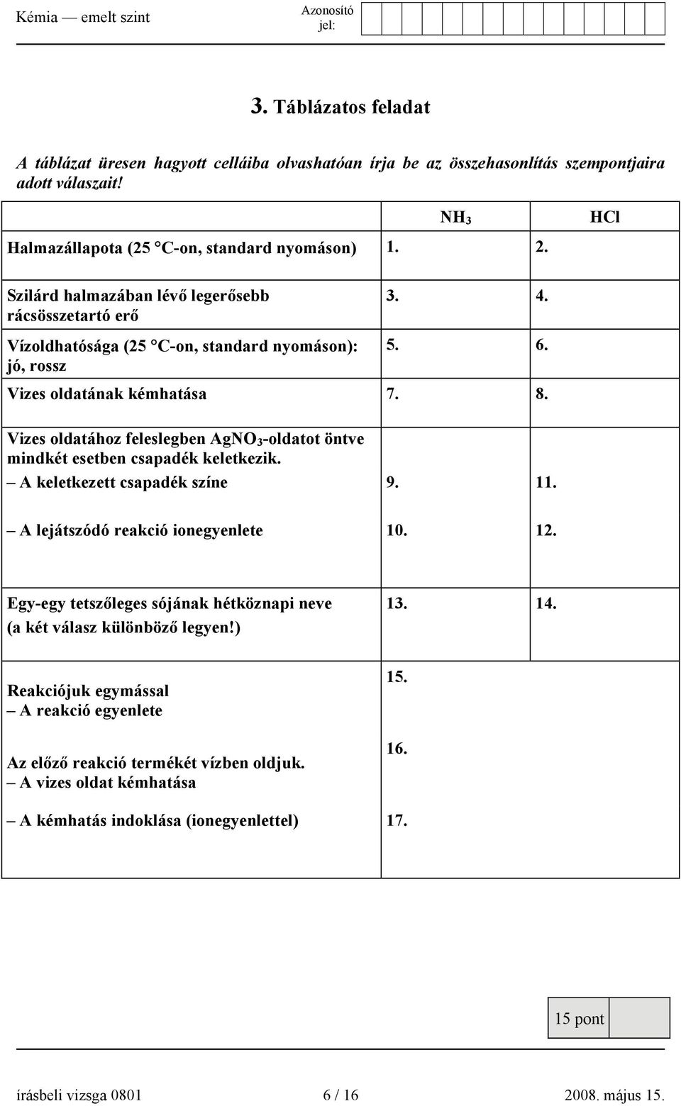 Vizes oldatához feleslegben AgNO 3 -oldatot öntve mindkét esetben csapadék keletkezik. A keletkezett csapadék színe 9. 11. A lejátszódó reakció ionegyenlete 10. 12.