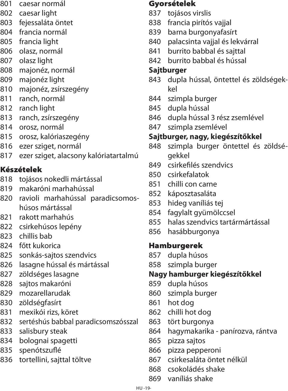 mártással 819 makaróni marhahússal 820 ravioli marhahússal paradicsomoshúsos mártással 821 rakott marhahús 822 csirkehúsos lepény 823 chillis bab 824 főtt kukorica 825 sonkás-sajtos szendvics 826