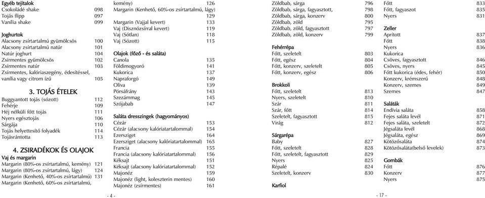 TOJÁS ÉTELEK Buggyantott tojás (sózott) 112 Fehérje 109 Héj nélküli fõtt tojás 111 Nyers egésztojás 106 Sárgája 110 Tojás helyettesítõ folyadék 114 Tojásrántotta 113 4.