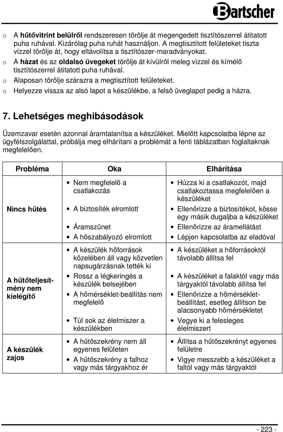 o A házat és az oldalsó üvegeket törölje át kívülről meleg vízzel és kímélő tisztítószerrel átitatott puha ruhával. o Alaposan törölje szárazra a megtisztított felületeket.