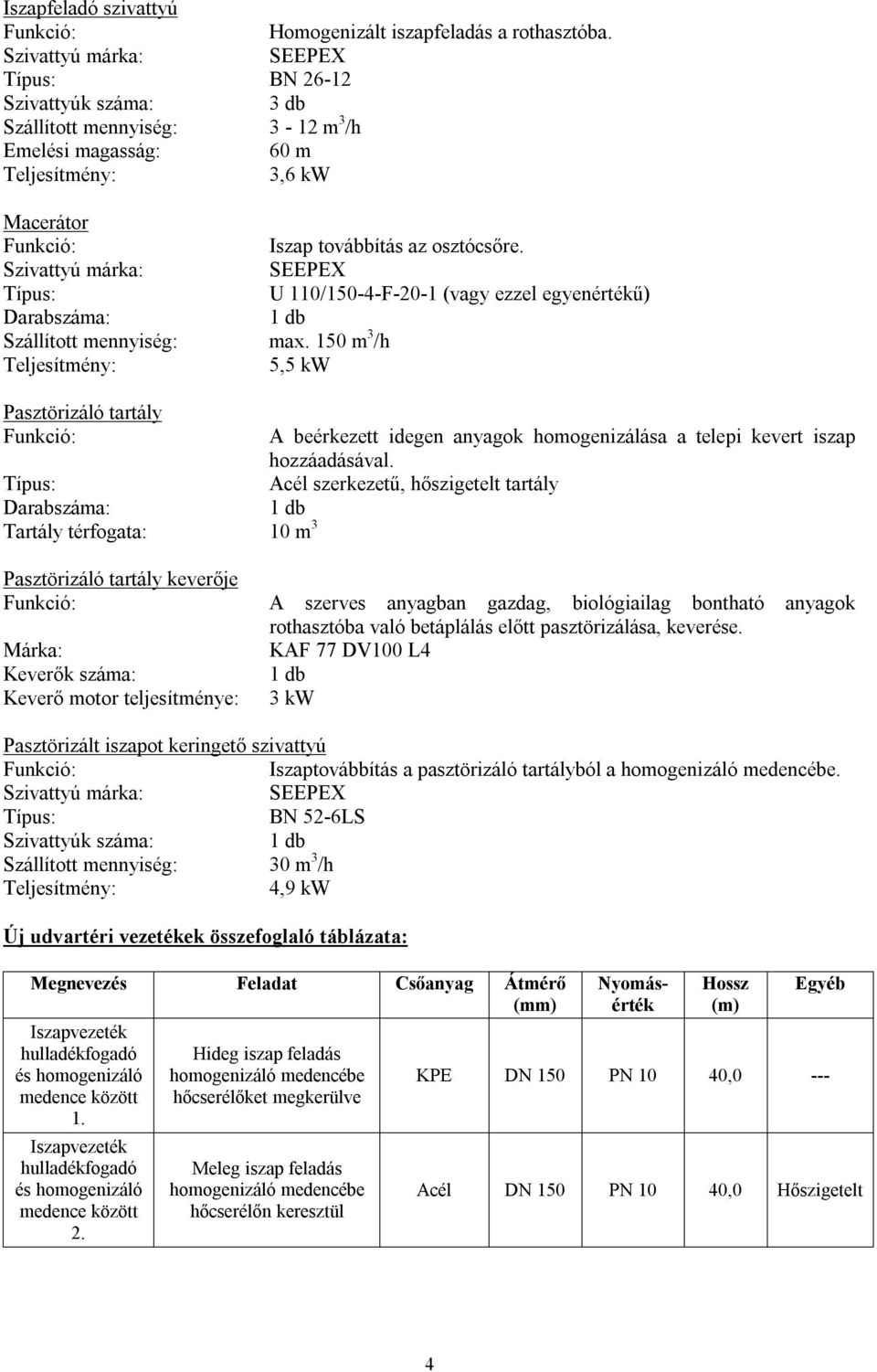 Acél szerkezetű, hőszigetelt tartály Tartály térfogata: 10 m 3 Pasztörizáló tartály keverője A szerves anyagban gazdag, biológiailag bontható anyagok rothasztóba való betáplálás előtt pasztörizálása,