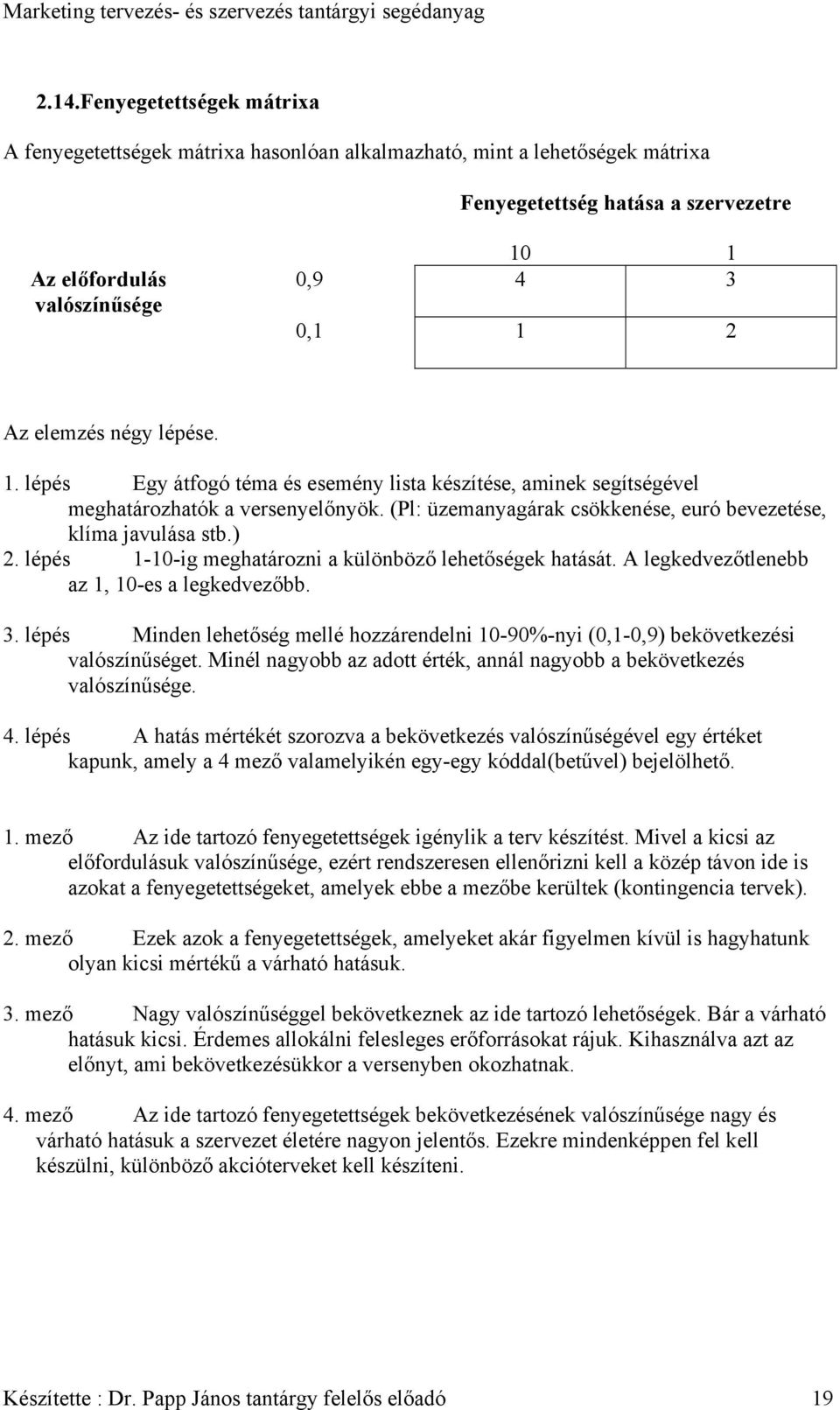 lépés 1-10-ig meghatározni a különböző lehetőségek hatását. A legkedvezőtlenebb az 1, 10-es a legkedvezőbb. 3.