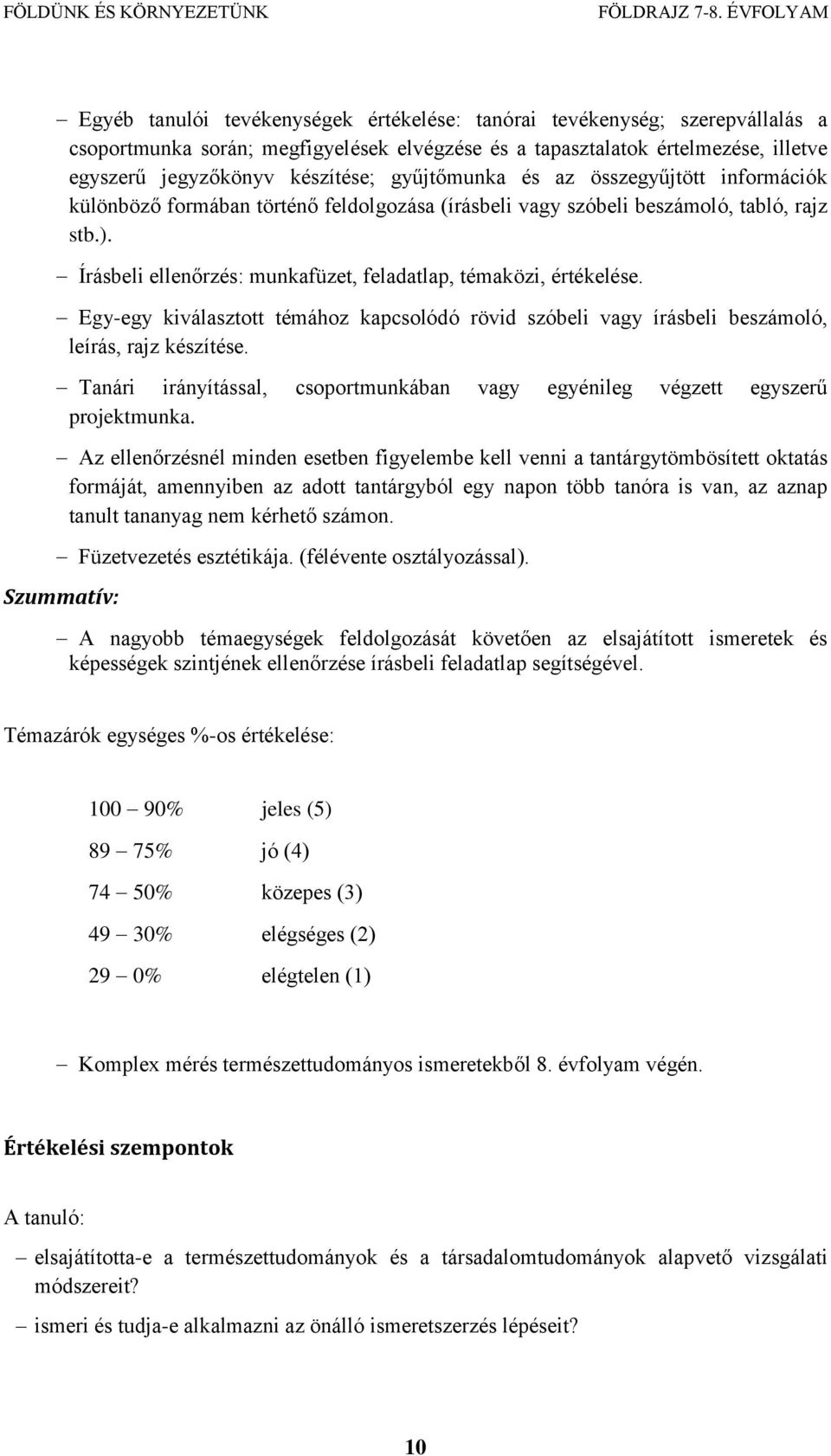 Írásbeli ellenőrzés: munkafüzet, feladatlap, témaközi, értékelése. Egy-egy kiválasztott témához kapcsolódó rövid szóbeli vagy írásbeli beszámoló, leírás, rajz készítése.