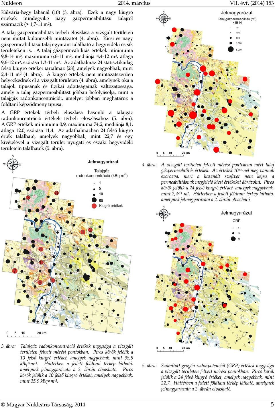 A talaj gázpermeabilitás értékek minimuma 9,8-14 m 2, maximuma 6,6-11 m 2, mediánja 4,4-12 m 2, átlaga 9,6-12 m 2, szórása 1,3-11 m 2.