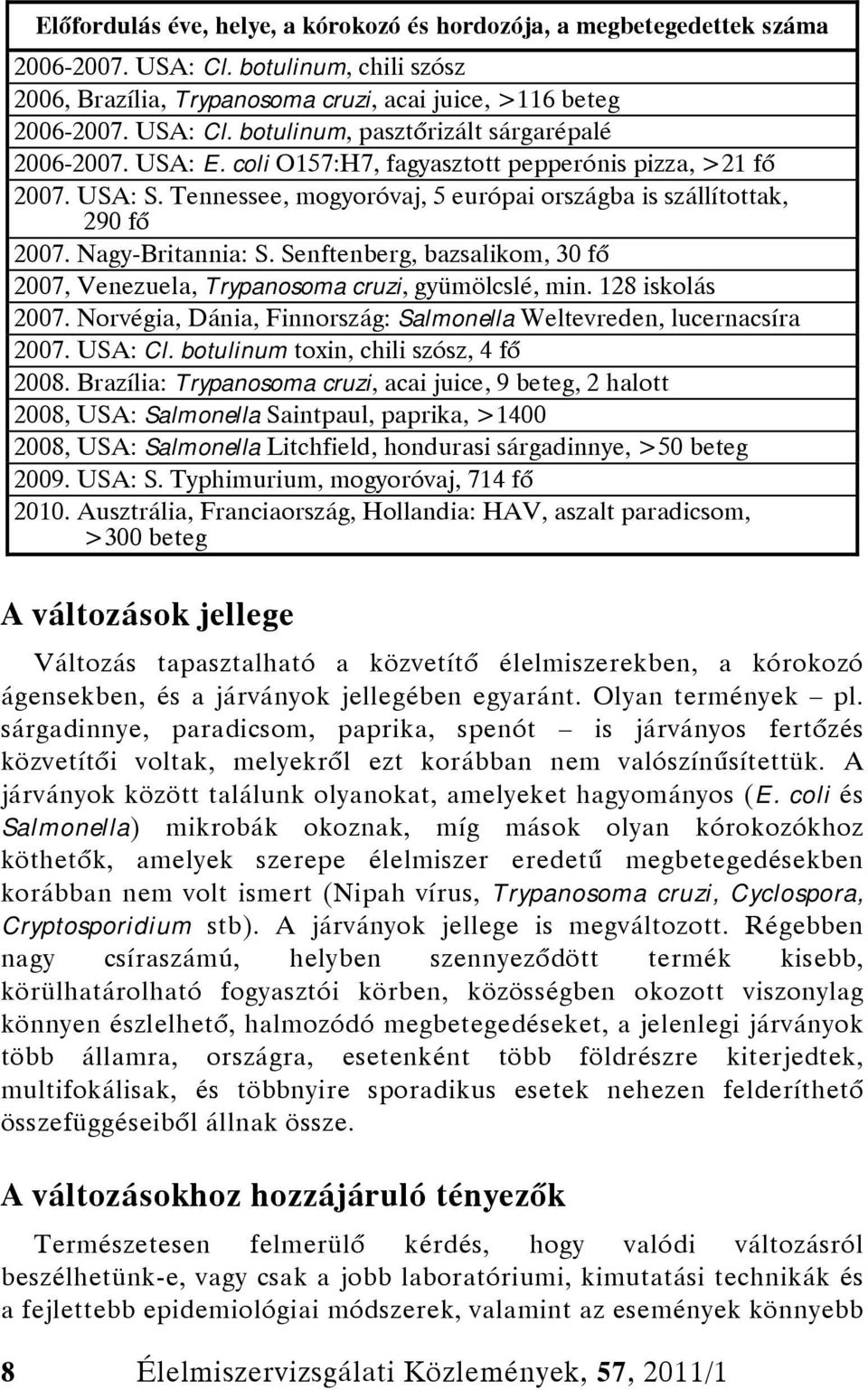 Senftenberg, bazsalikom, 30 fő 2007, Venezuela, Trypanosoma cruzi, gyümölcslé, min. 128 iskolás 2007. Norvégia, Dánia, Finnország: Salmonella Weltevreden, lucernacsíra 2007. USA: Cl.