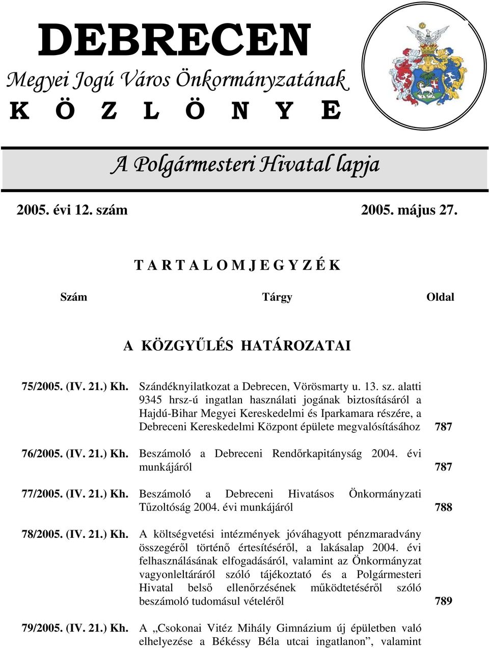 alatti 9345 hrsz-ú ingatlan használati jogának biztosításáról a Hajdú-Bihar Megyei Kereskedelmi és Iparkamara részére, a Debreceni Kereskedelmi Központ épülete megvalósításához 787 76/2005. (IV. 21.