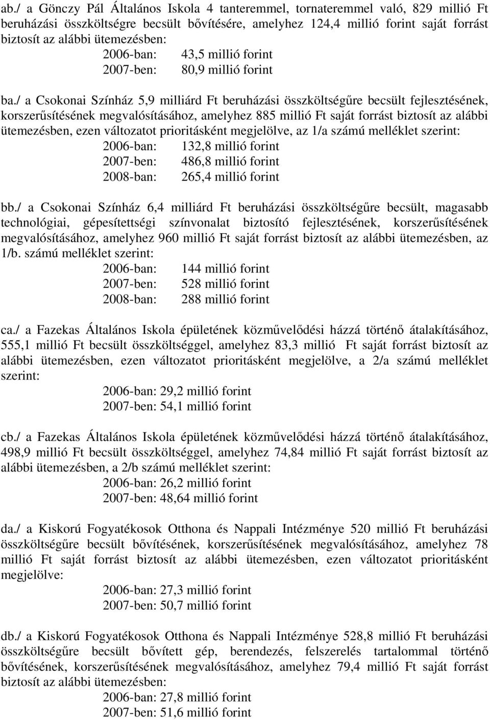 / a Csokonai Színház 5,9 milliárd Ft beruházási összköltségűre becsült fejlesztésének, korszerűsítésének megvalósításához, amelyhez 885 millió Ft saját forrást biztosít az alábbi ütemezésben, ezen